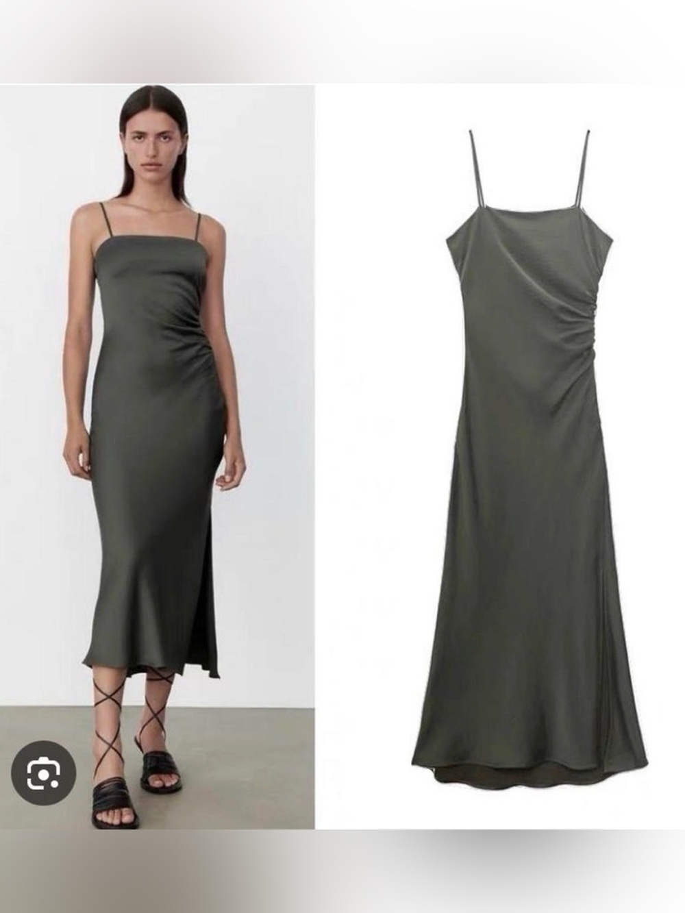 Zara Satin Effect Slip Dress with Side Ruched Detail - Olive Khaki Green Sz. S